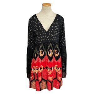 MINKPINK Phoenix Dress Long Sleeve Tassels V Neck Red Black Bird Size Small S